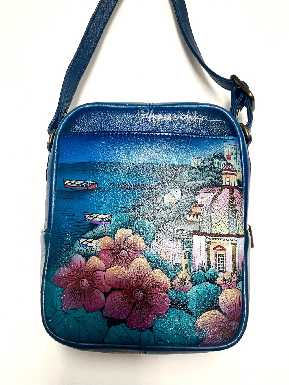 Anuschka Hand-Painted Moonlight Capri - Blue Floral & Coastal Dome Crossbody - Picture 2 of 10
